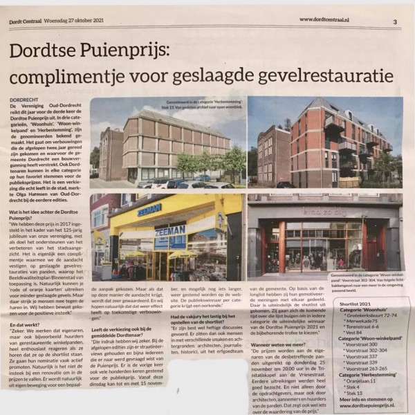 Artikel Dordtse Puienprijs 2021 in Dordt Centraal