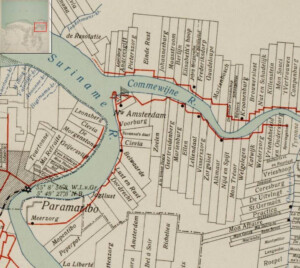 Surinamerivier/Commewijne Rivier. Onder plantage ‘Amsterdam’ enkele andere plantages, waaronder ‘Dordrecht’ (naast ‘Rust en Lust’)