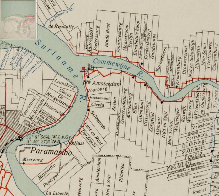 Surinamerivier/Commewijne Rivier. Onder plantage ‘Amsterdam’ enkele andere plantages, waaronder ‘Dordrecht’ (naast ‘Rust en Lust’)